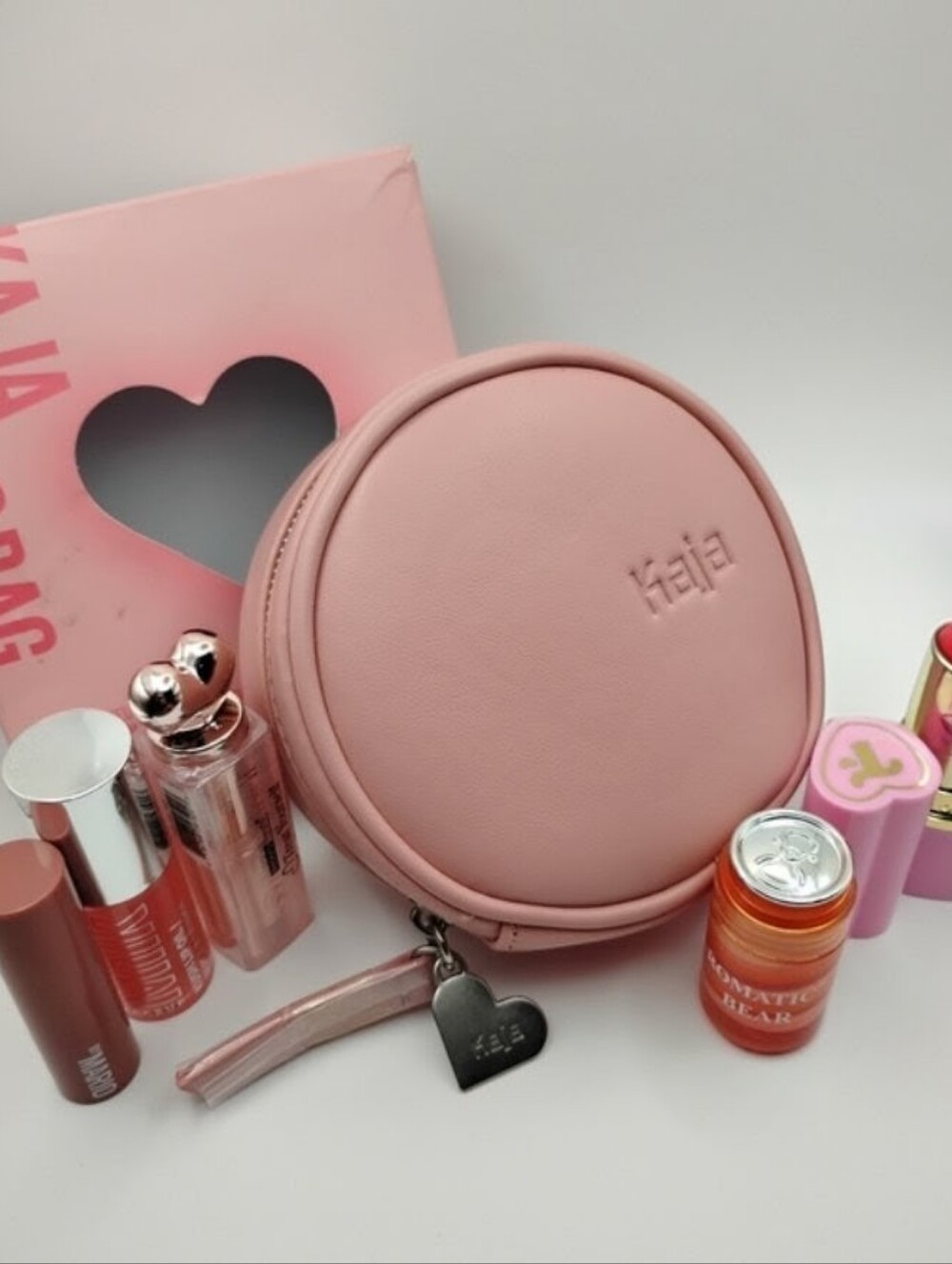 Kaja Pink Round Makeup Pouch with Heart Charm& Variety Lippys